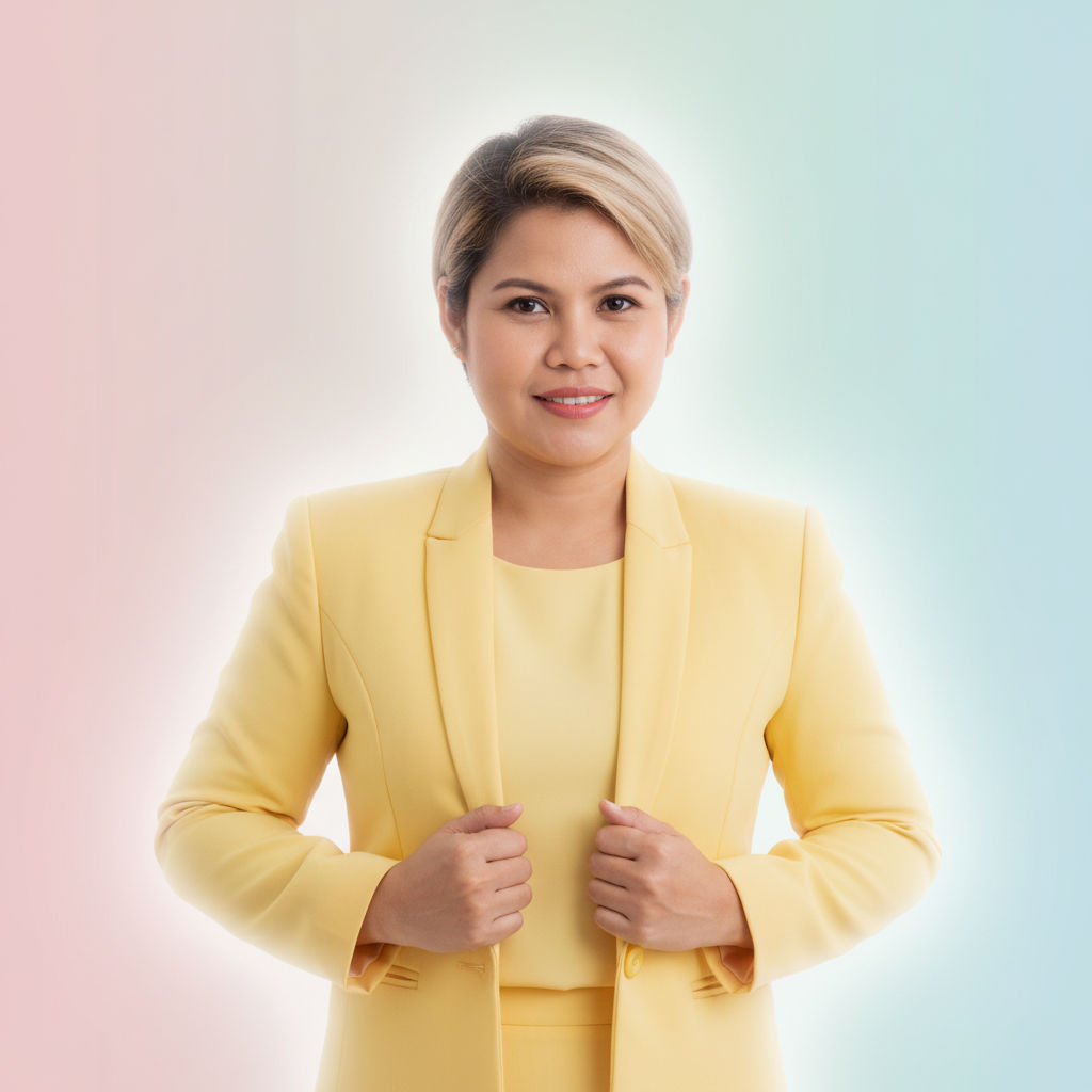 A person with short blond hair, styled at Kasinee Hair Salon, wears a yellow suit and faces the camera against a pastel pink and blue gradient background.
