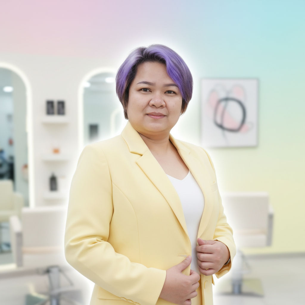 A person with short purple hair—freshly done at Kasinee Hair Salon—wears a yellow blazer and stands confidently in a brightly lit, modern room with pastel-colored walls and minimalist decor.