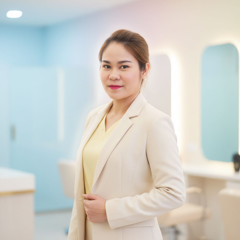 Woman in a cream blazer standing in a bright, modern office or clinic with light blue and beige decor, reminiscent of the stylish vibe at Kasinee Hair Salon—perfect for anyone seeking expert ตัดผม or ทำสีผม services.