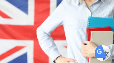 A woman holding a red folder in front of a flag from the United Kingdom.
