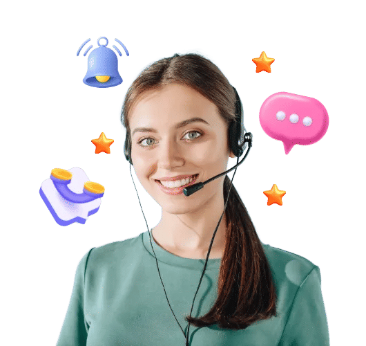Woman with headset smiling. Surrounding icons: bell, stars, and message bubble. She wears a green top with a neutral background, perhaps assisting clients with queries about obtaining วีซ่าท่องเที่ยว for their next trip to เชงเก้น or สหราชอาณาจักร.