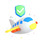 Illustration of an airplane in flight with a green shield bearing a checkmark above it, symbolizing aviation safety or a secure flight, often relevant for those traveling internationally with visas like the วีซ่าเชงเก้น or UK visa.