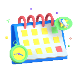 Illustration of a spiral-bound calendar with yellow squares, a green clock showing 10:10, and a small airplane icon on a green background, hinting at planning travel and Visadee services like ขอวีซ่าเชงเก้น.