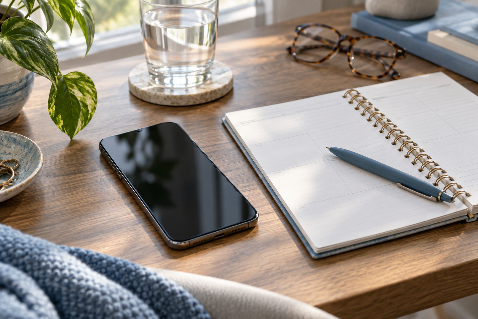 Phone and planner on a desk for organizing everyday records