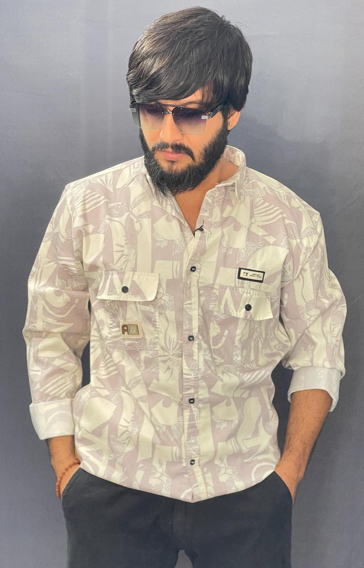 CREAM & LITE BROWN DOUBLE POCKET PRINTED SHIRT 217 P44