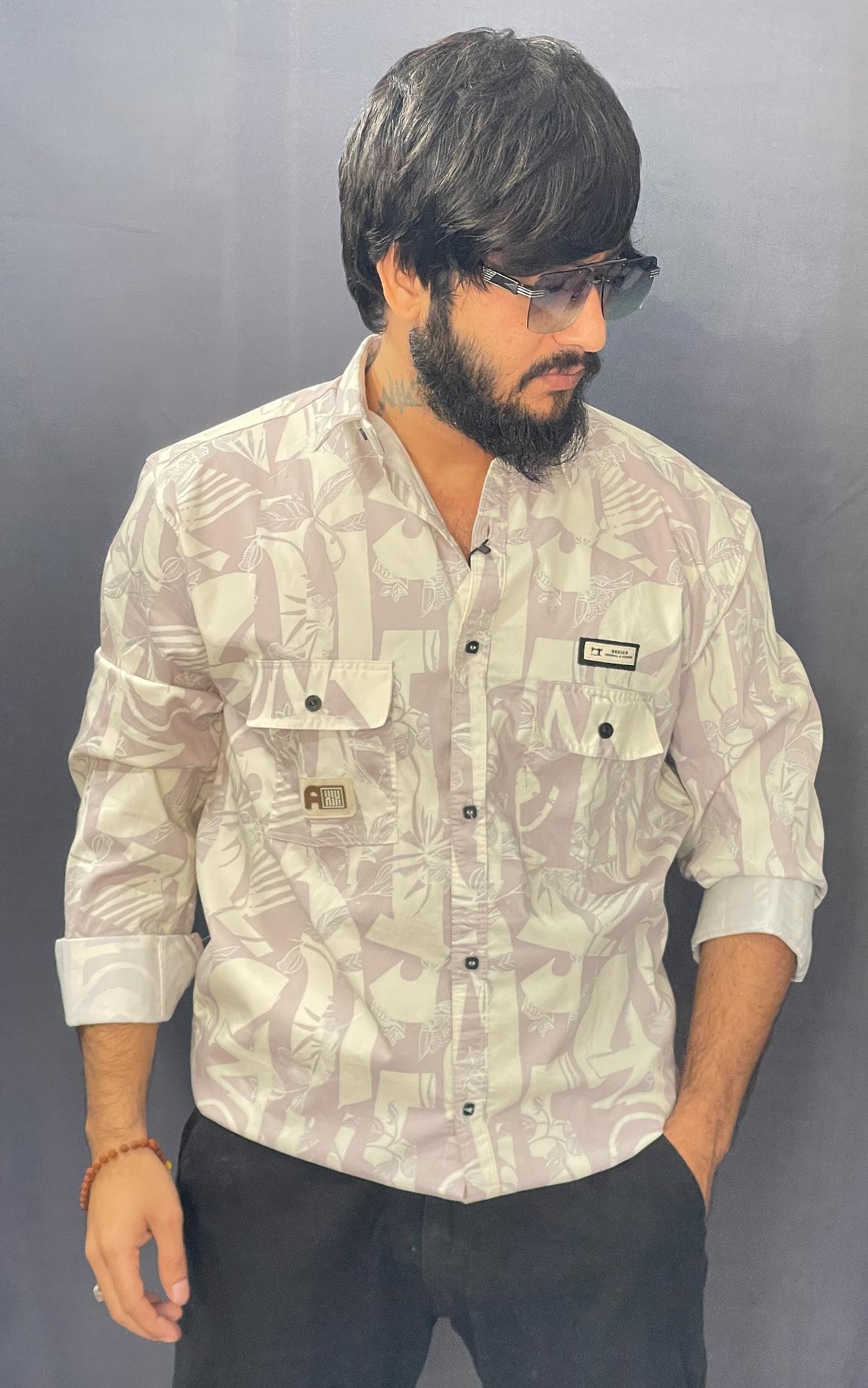 CREAM & LITE BROWN DOUBLE POCKET PRINTED SHIRT 217 P44