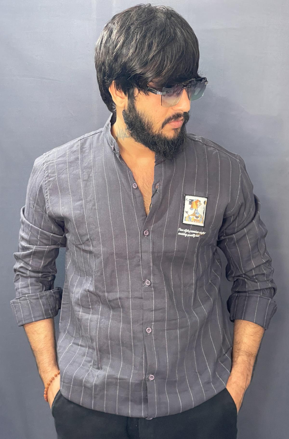 DARK GREY LINNING PRINTED STAND COLLAR SHIRT 219 P72