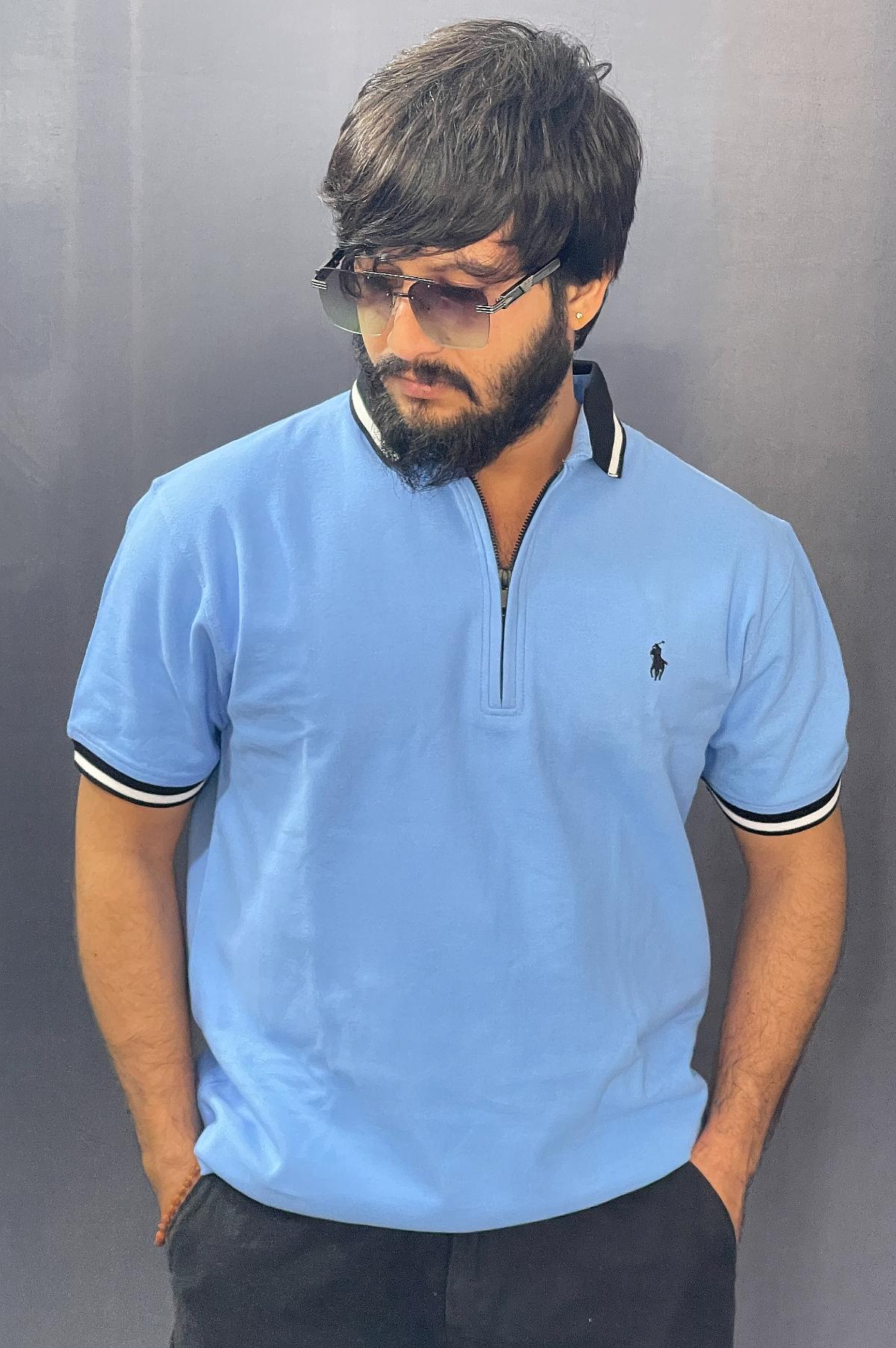 SKY BLUE PLAIN COLLAR NECK TSHIRT 230 P105