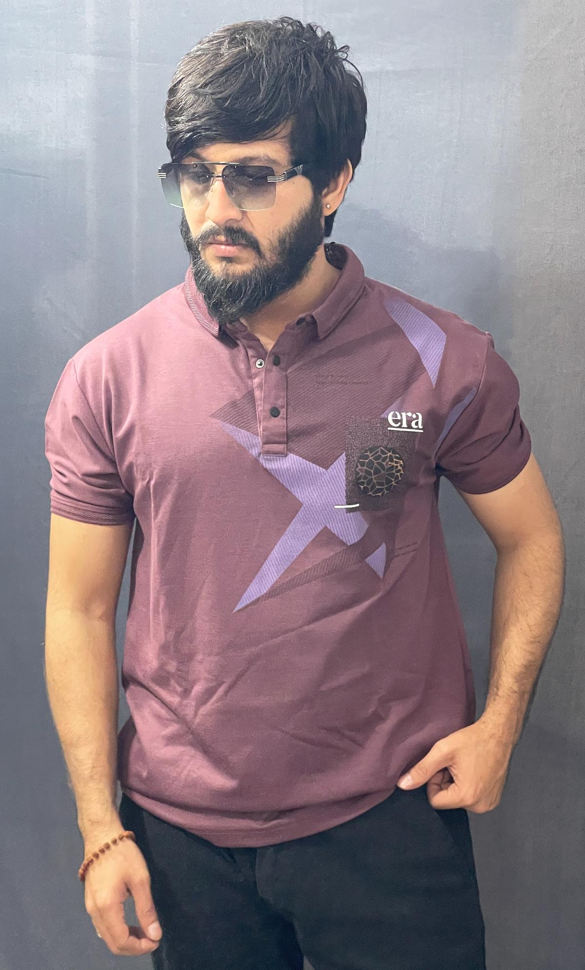 DARK BROWN COLLAR NECK PRINTED TSHIRT 299 P131