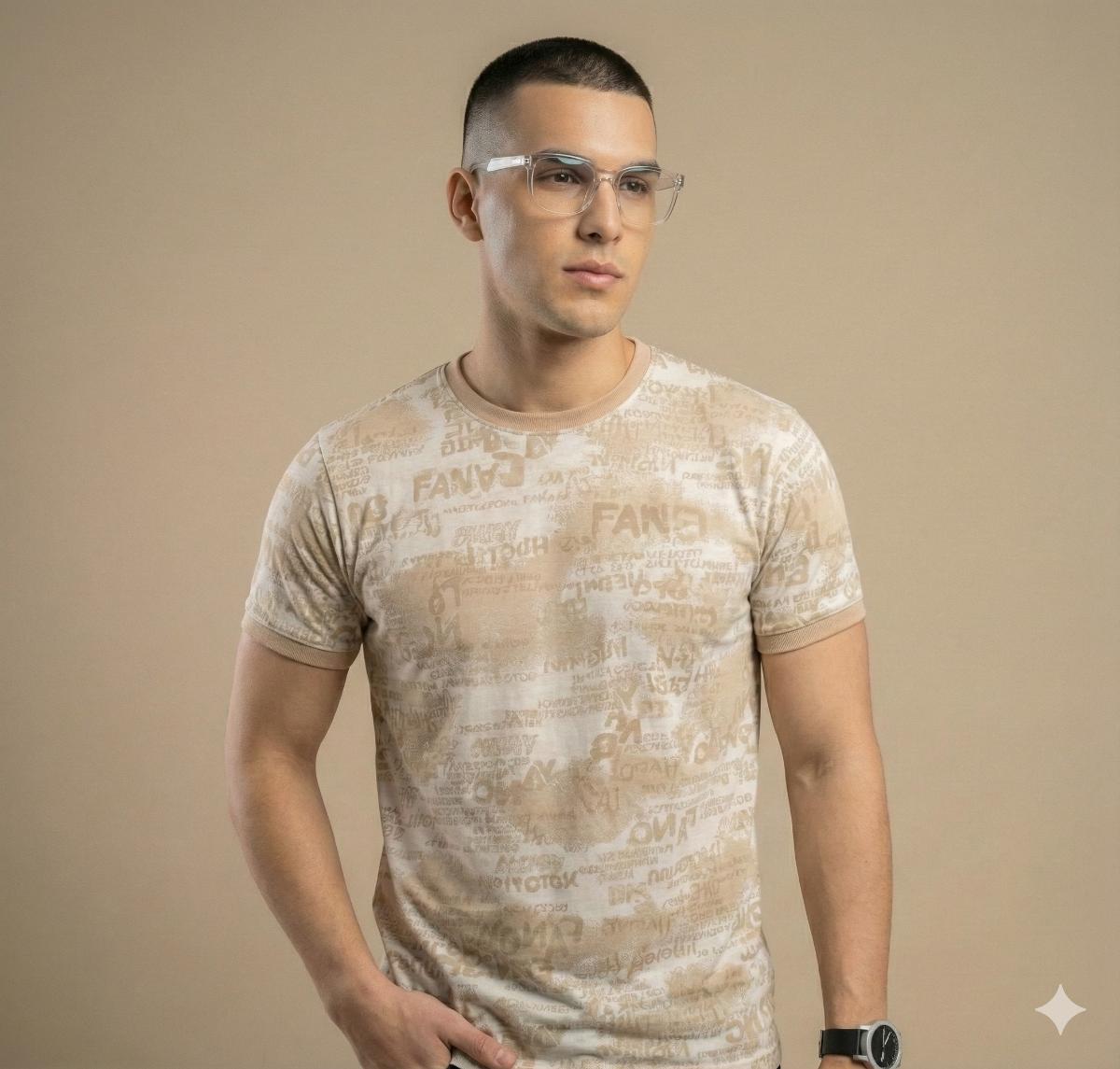 LIGHT CREAM & WHITE PRINTED ROUND POCKET PRINTED TSHIRT 345 P110