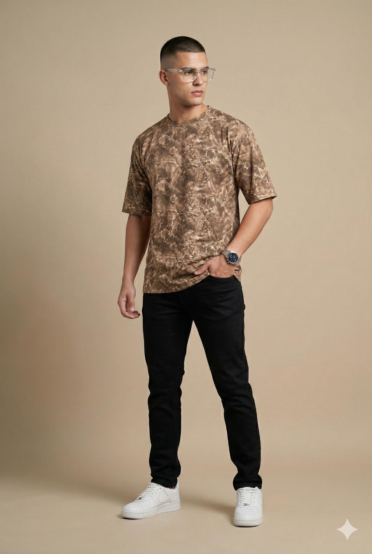 LIGHT BROWN DOWN SHOULDER ROUND NECK PRINTED TSHIRT 348 P103