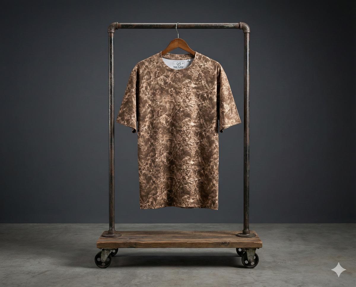 LIGHT BROWN DOWN SHOULDER ROUND NECK PRINTED TSHIRT 348 P103