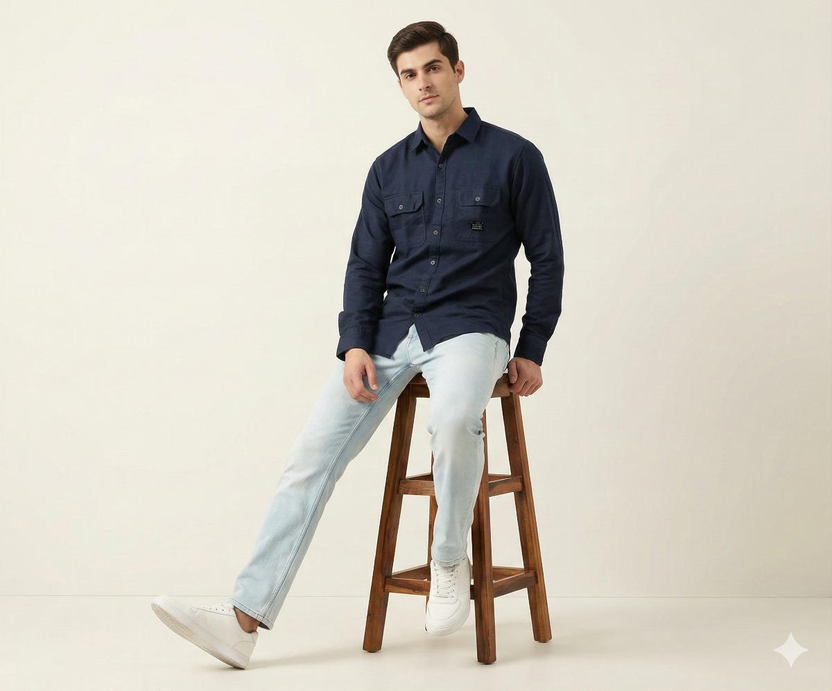 NAVI BLUE PLAIN DOUBLE POCKET SHIRT 350 P13