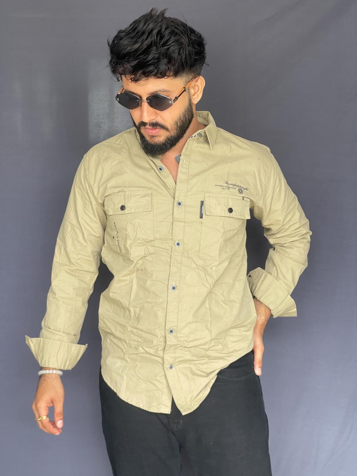 CREAM DOUBLE POCKET PLAIN SHIRT 356 P6