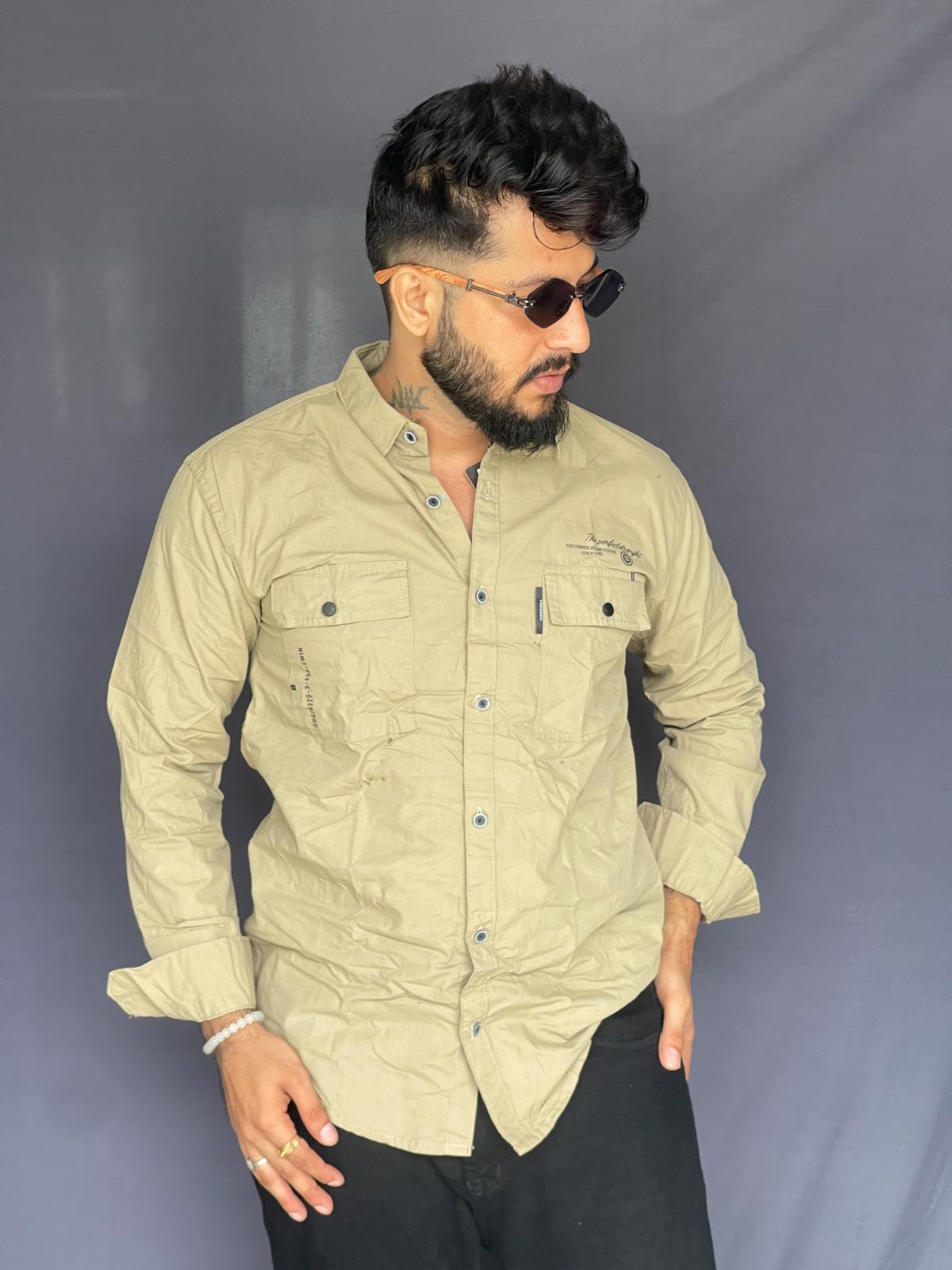 CREAM DOUBLE POCKET PLAIN SHIRT 356 P6