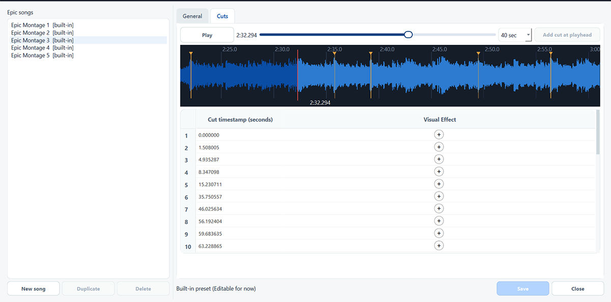 E2DM2 Pro Preset Editor showing audio cuts and precise timing markers