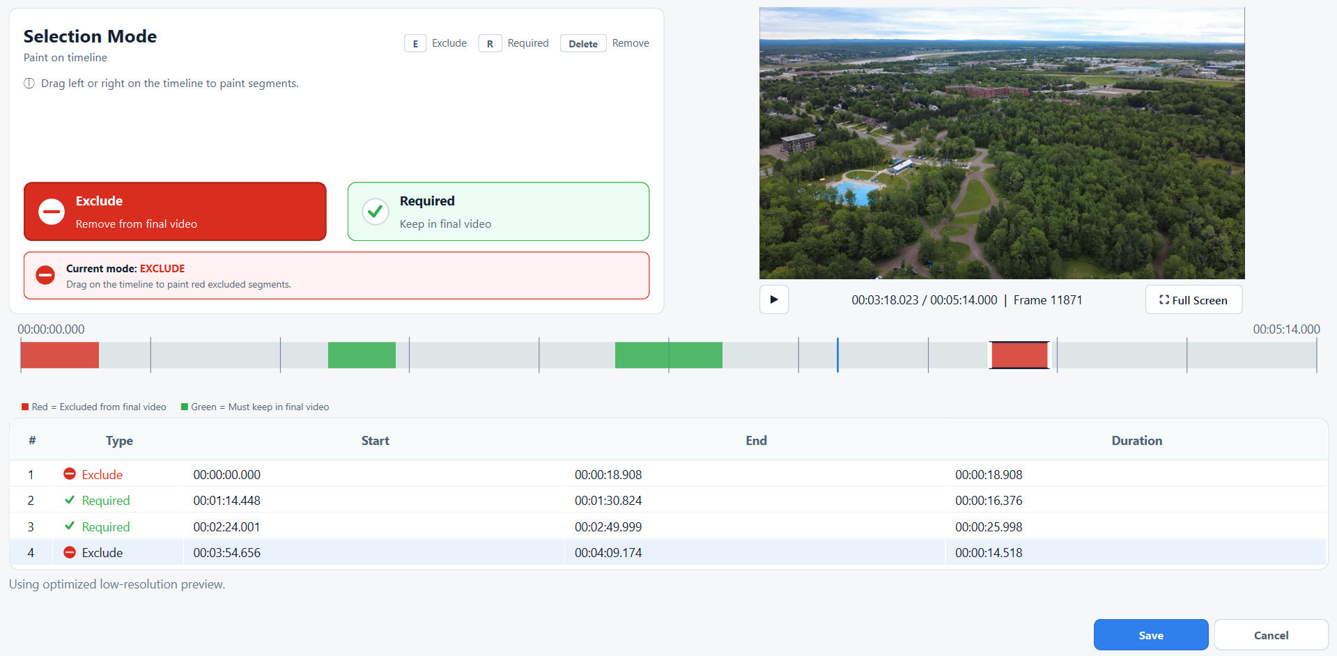 E2DM2 Selection Mode showing required and excluded ranges painted on a video timeline