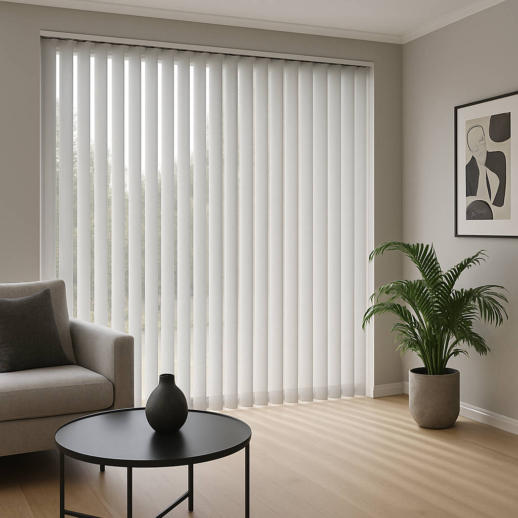 Modern room with vertical blinds.