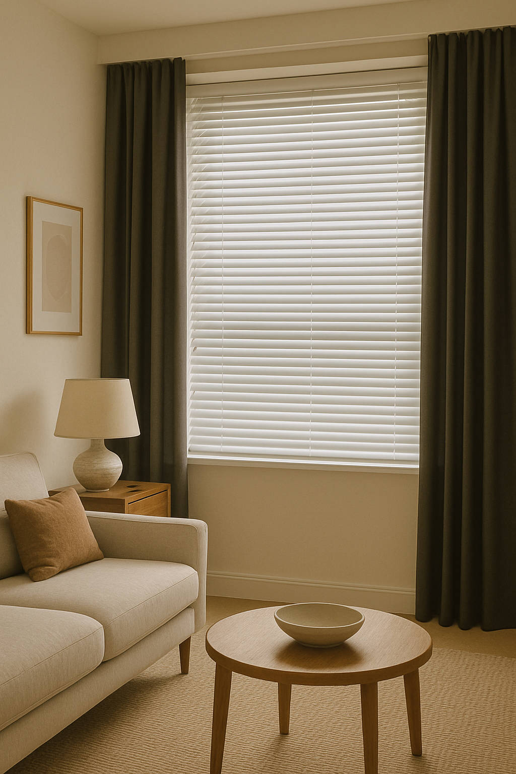 Cozy living room with blinds and curtains