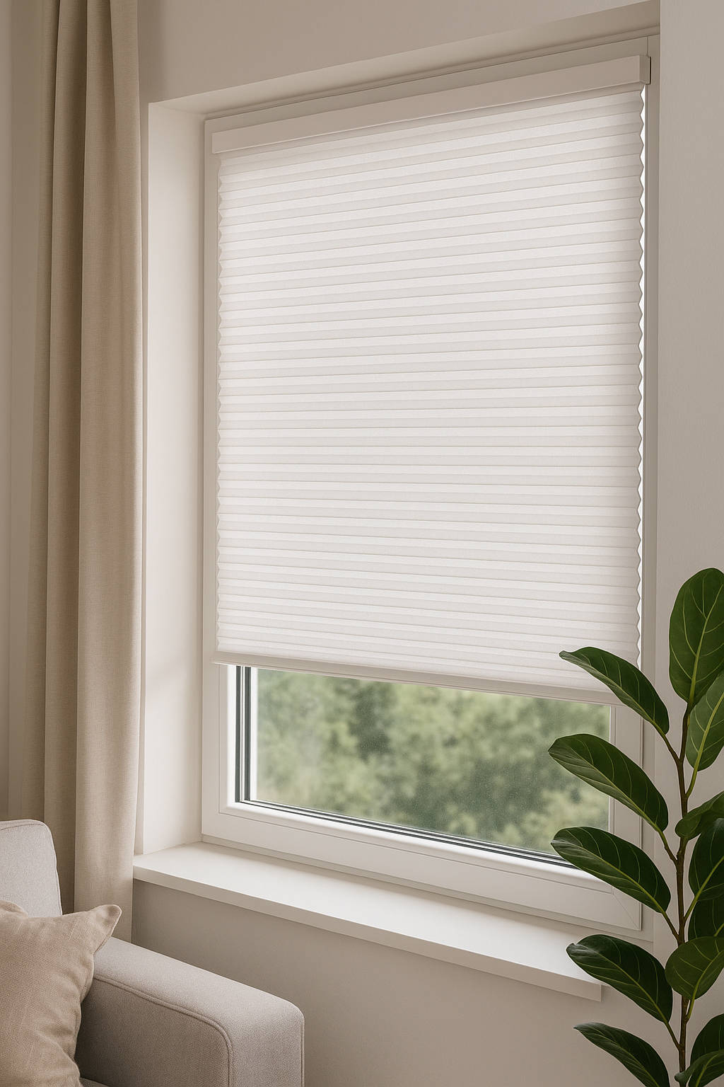White pleated blinds covering window