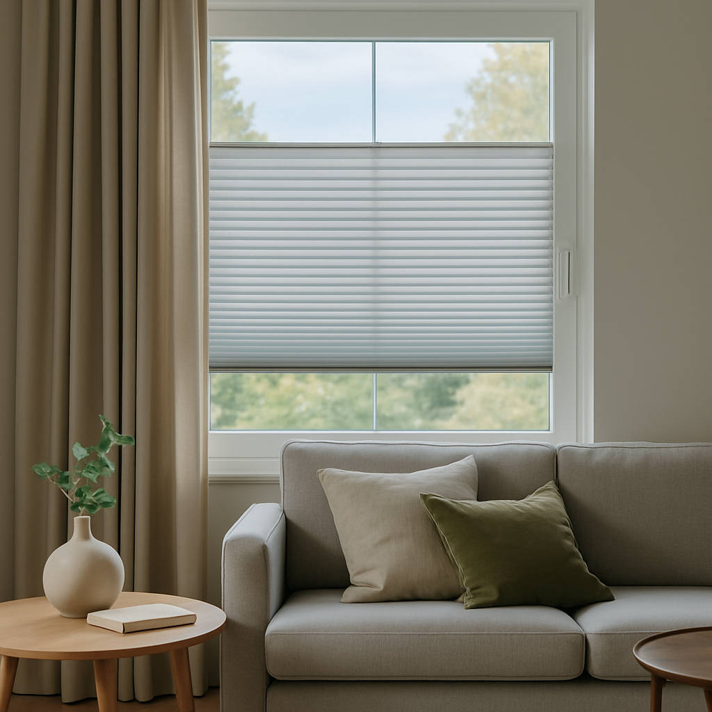 Cozy living room with pleated blinds
