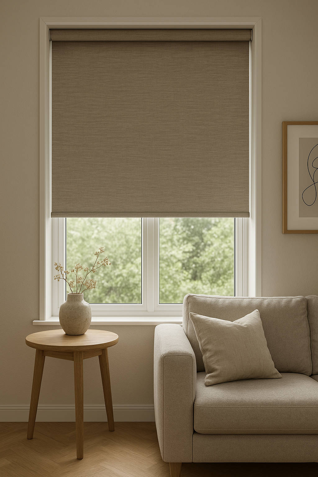 Innvendig rullegardin med design beige tekstil - perfekt for interiørdesigneren 