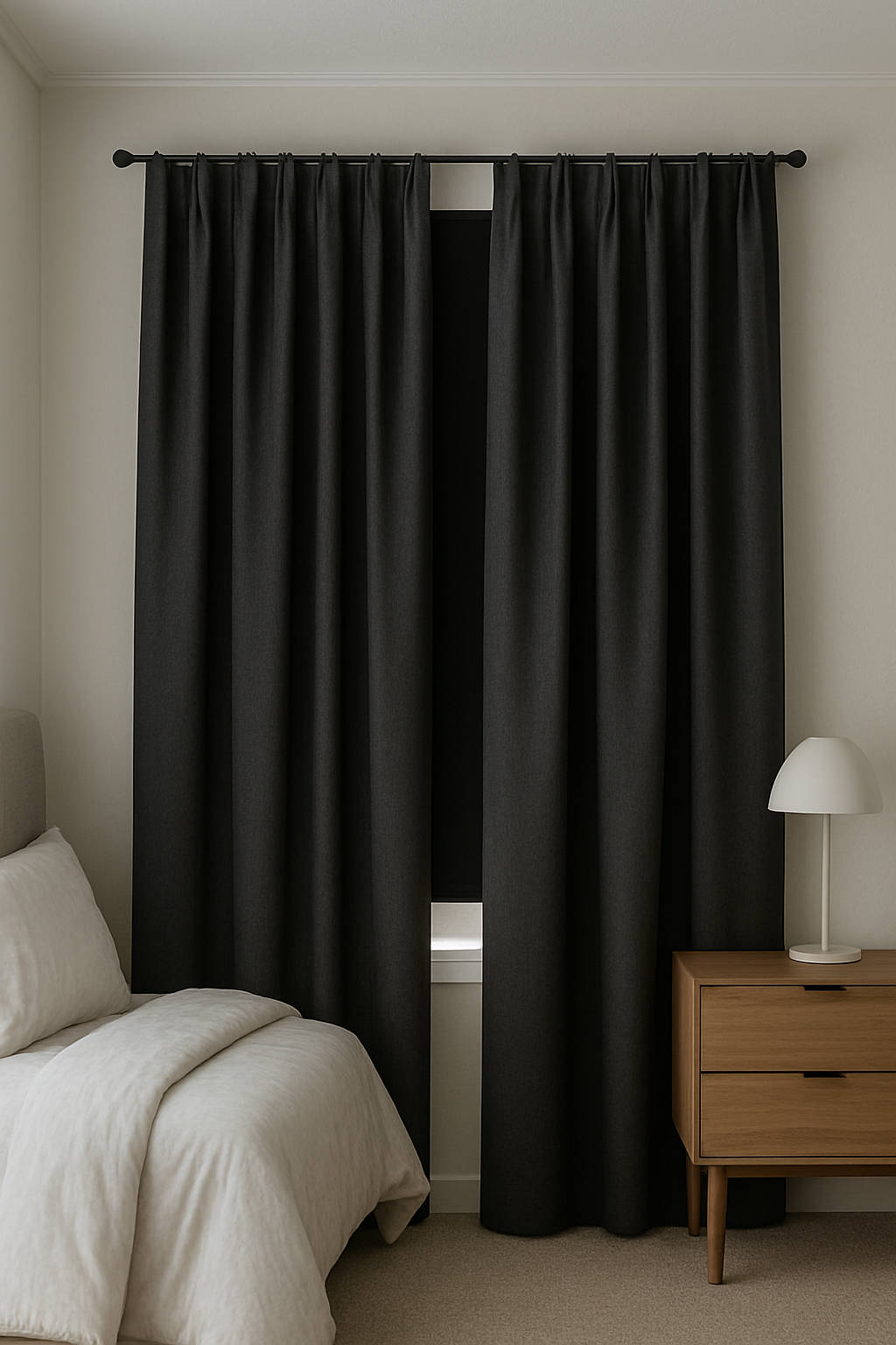 Black curtains in a cozy bedroom