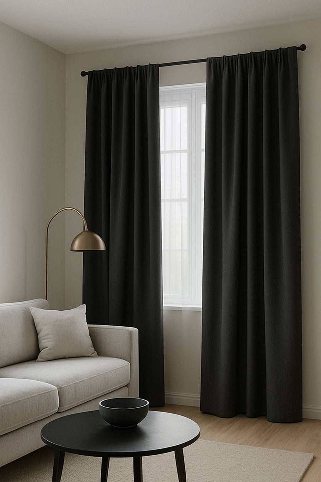 Dark curtains in minimalist living room