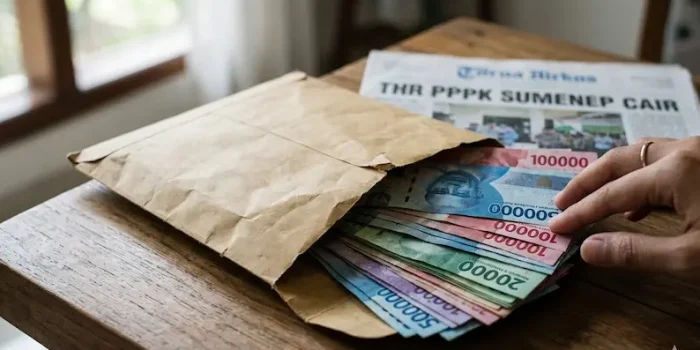 Ilustrasi amplop cokelat terbuka berisi uang kertas Rupiah pecahan Rp20.000, Rp10.000, dan Rp5.000 dengan total Rp300.000, merepresentasikan THR PPPK Sumenep.