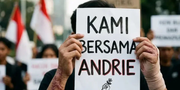 Ilustrasi tangan yang terluka memegang poster bertuliskan 'KAMI BERSAMA ANDRIE' sebagai bentuk solidaritas terhadap korban penyiraman air keras.