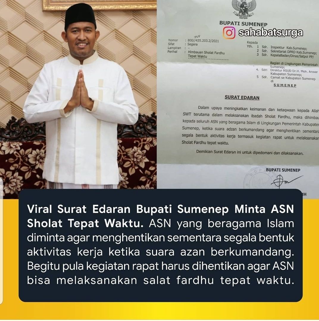 Heboh di Instagram, SE Sholat Wajib Bupati Sumenep Banjir Pujian Heboh di Instagram, SE Sholat Wajib Bupati Sumenep Banjir Pujian