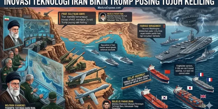 Infografis analisis geopolitik ketahanan teknologi militer Iran di Selat Hormuz menghadapi armada laut Amerika Serikat pimpinan Donald Trump.