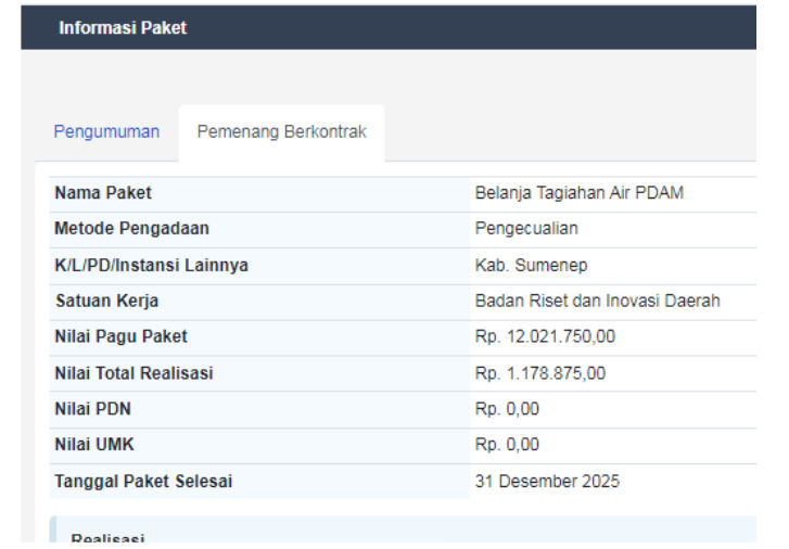 Realisasi Pengadaan Tagihan Air PDAM Badan Riset dan Inovasi Daerah Kab. Sumenep Tahun 2025