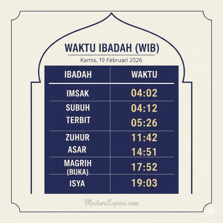 Jadwal Imsakiyah Hari Ini: Kamis 19 Februari 2026 untuk Wilayah Madura, Bondowoso, dan Sekitarnya