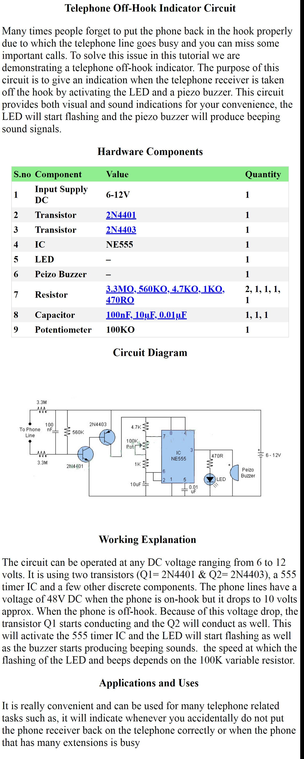 Telephone Off-Hook Indicator Circuit