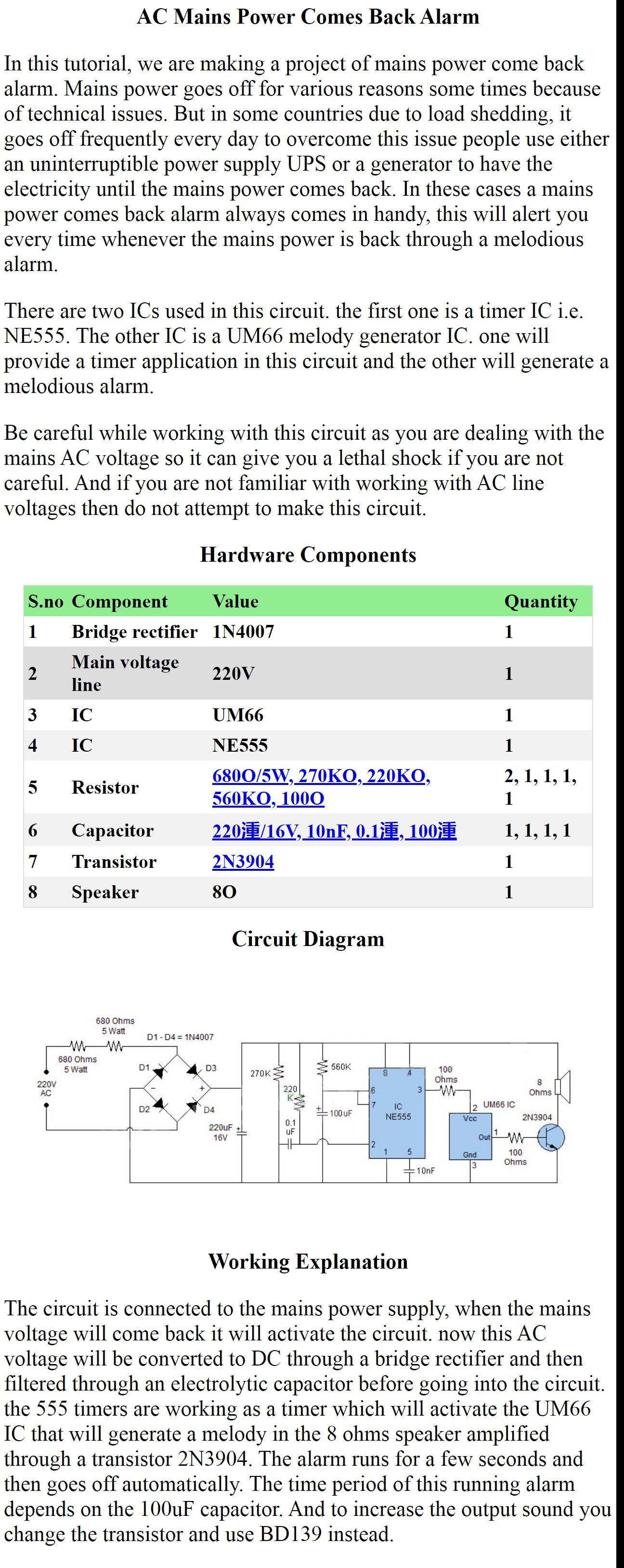 AC Mains Power Comes Back Alarm