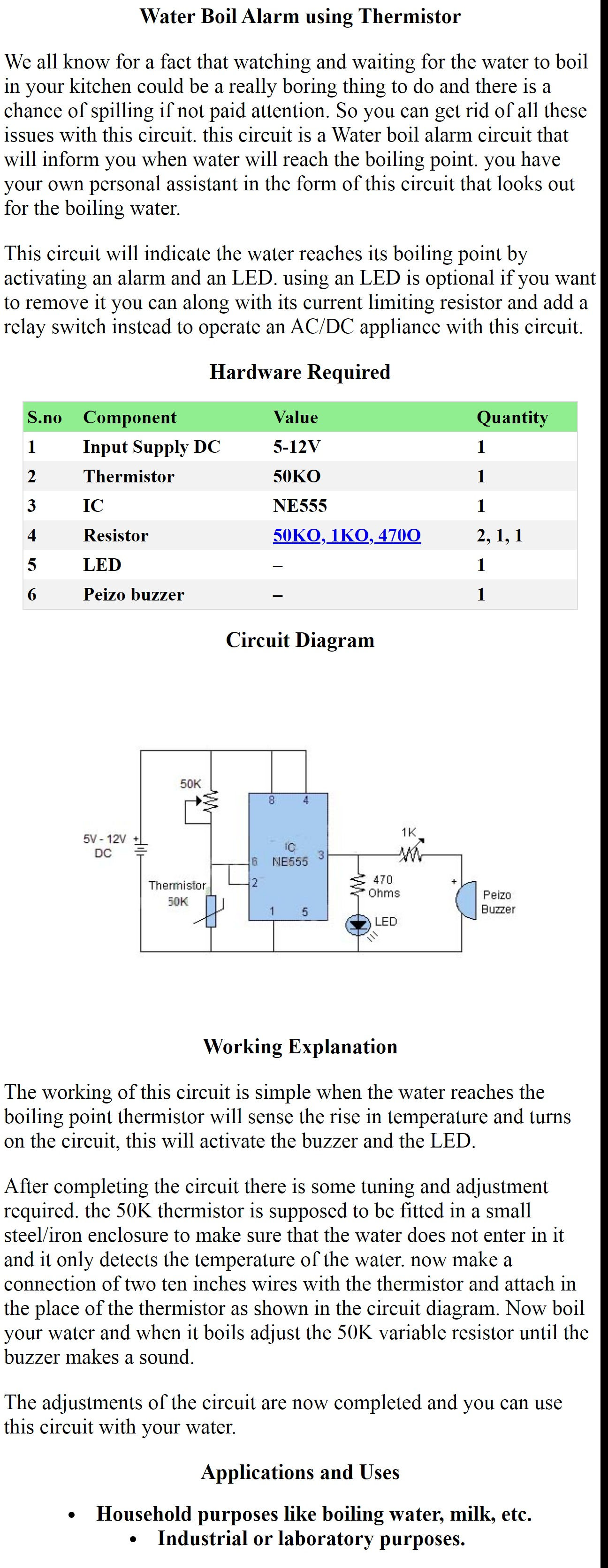 Water Boil Alarm using Thermistor