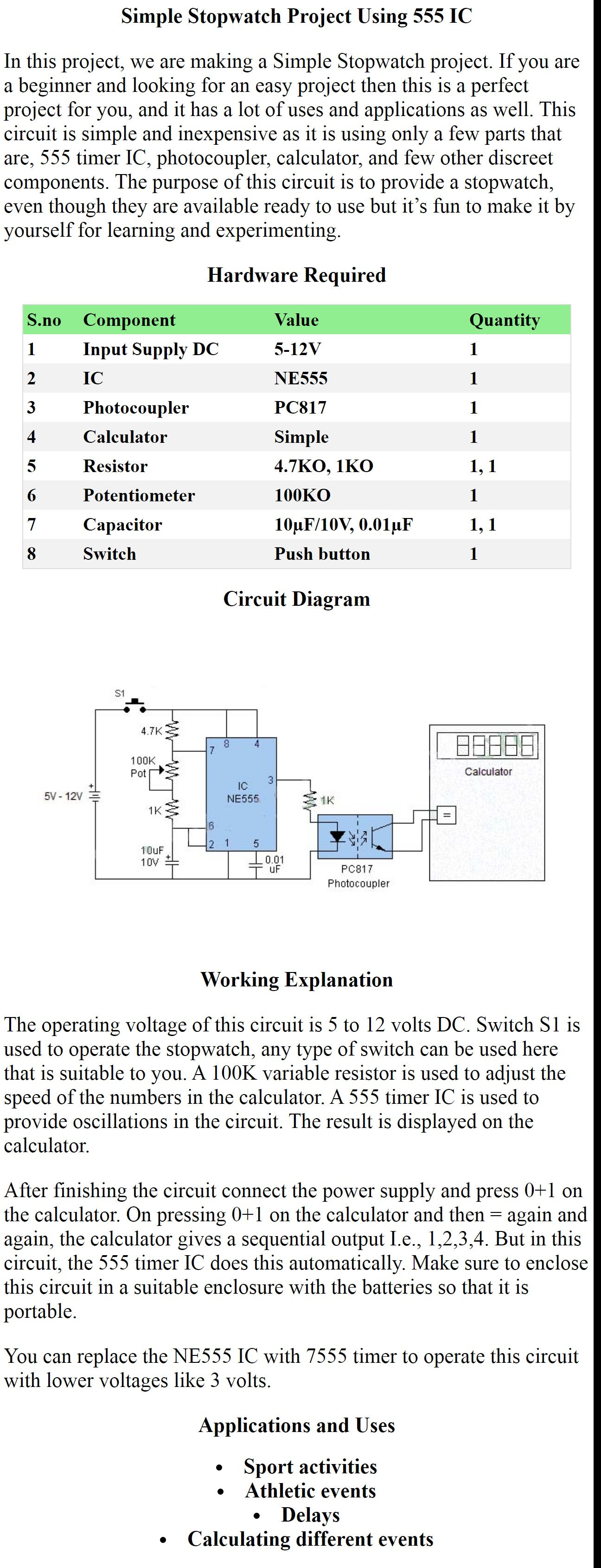 Simple Stopwatch Project Using 555 IC