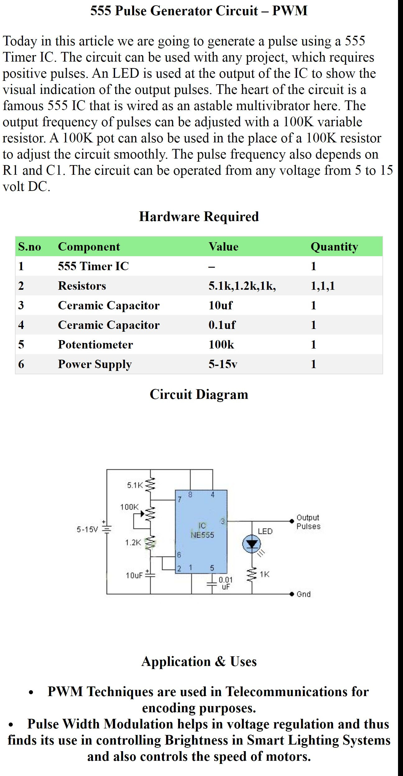 555 Pulse Generator Circuit PWM