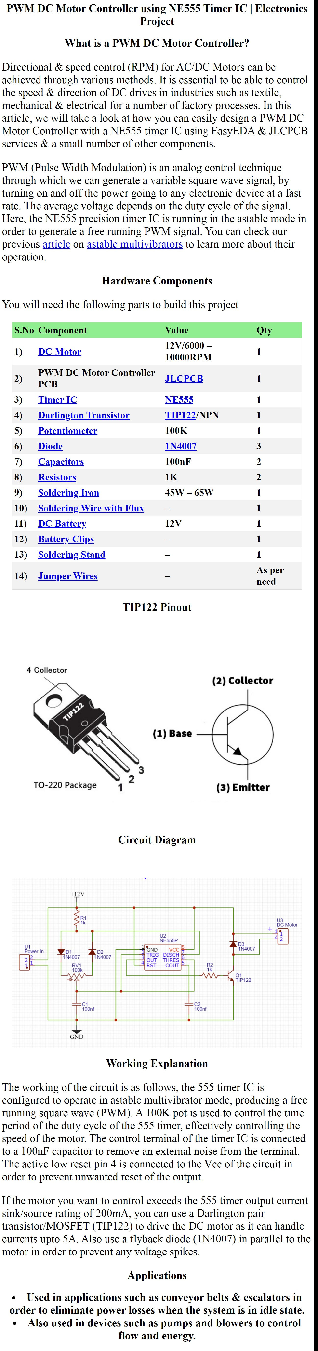 PWM DC Motor Controller using NE555 Timer IC