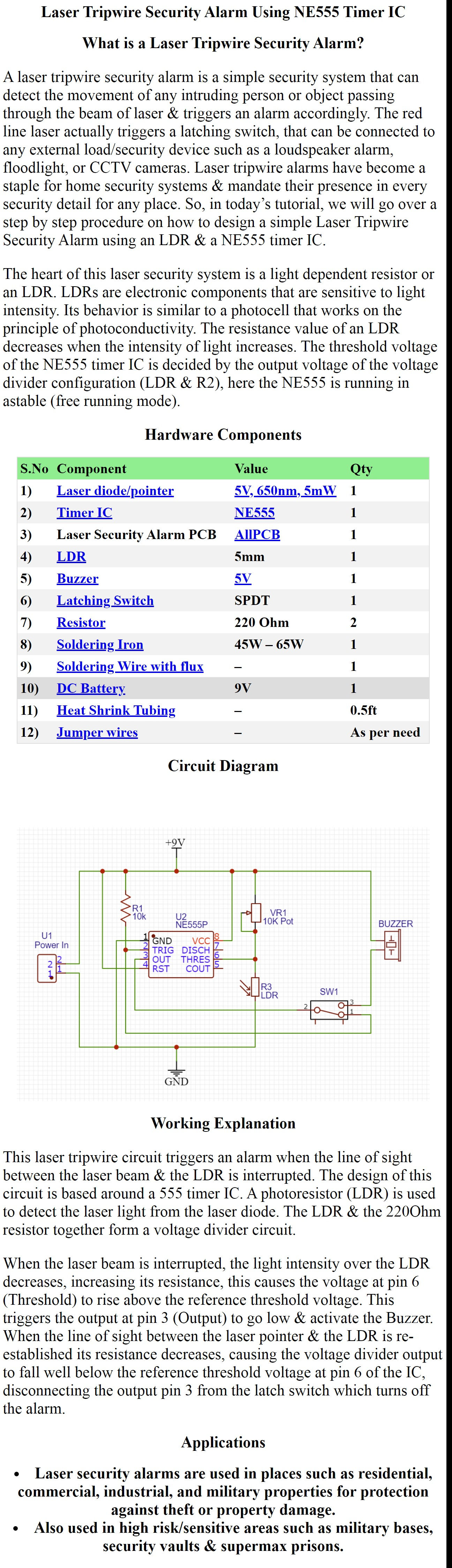 Laser Tripwire Security Alarm Using NE555