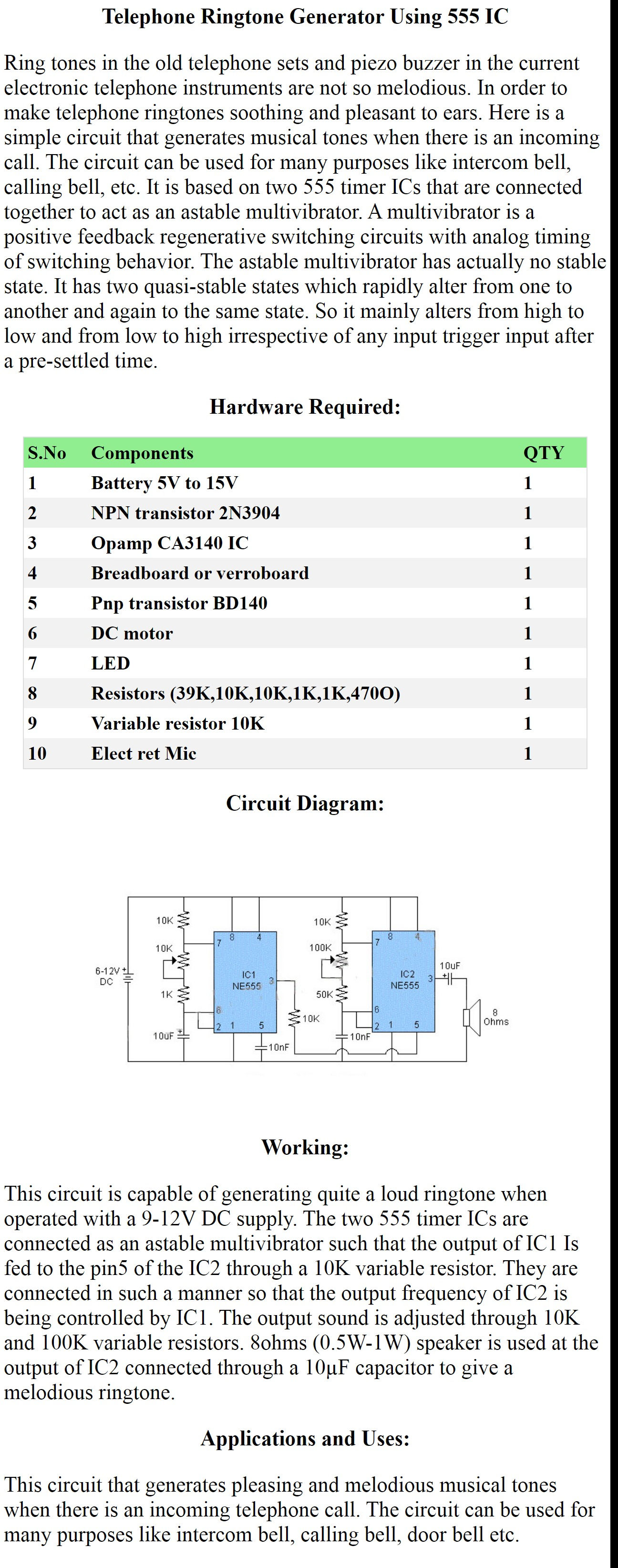 Telephone Ringtone Generator Using 555 IC