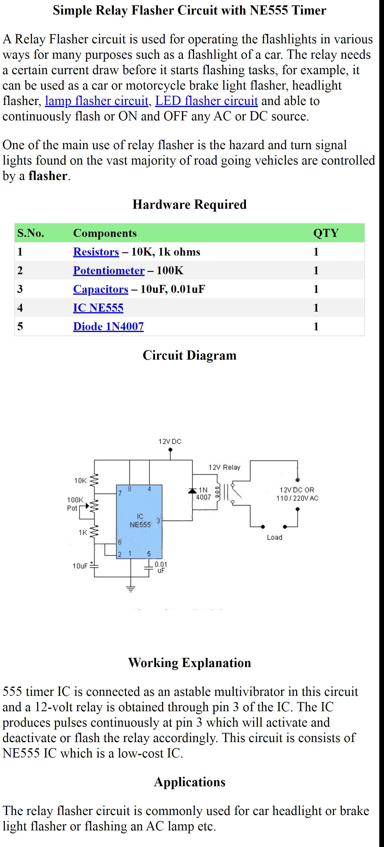 Relay Flasher Circuit with NE555 Timer