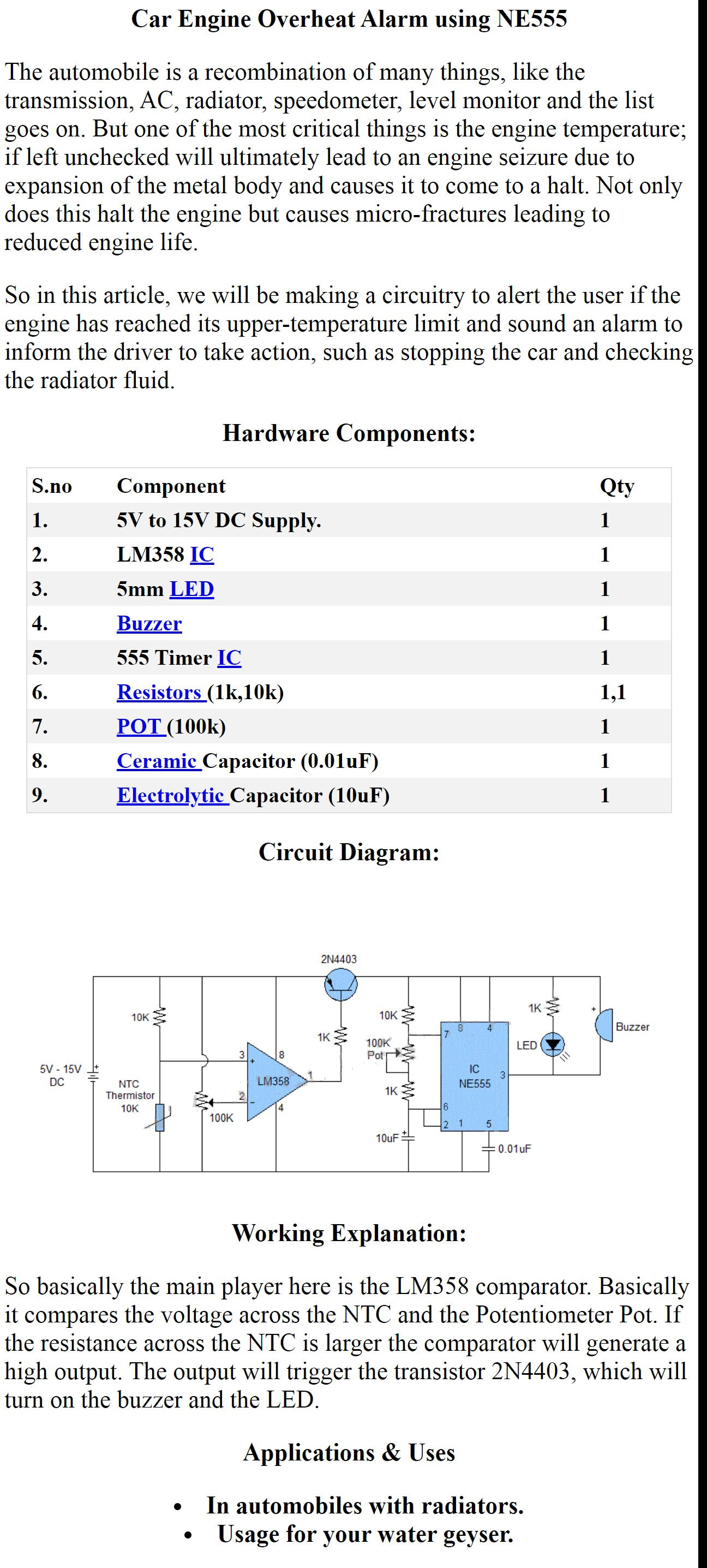 Car Engine Overheat Alarm using NE555