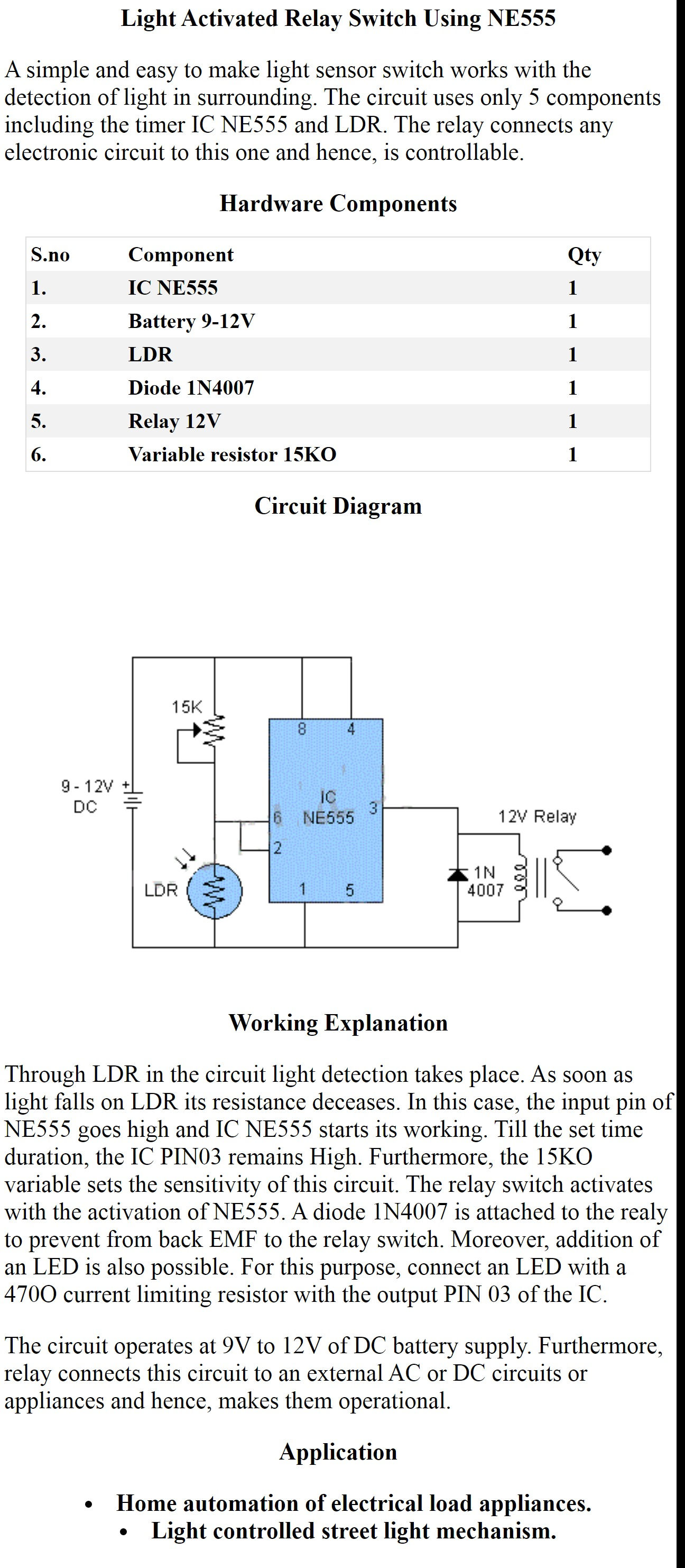 Light Activated Relay Switch Using NE555