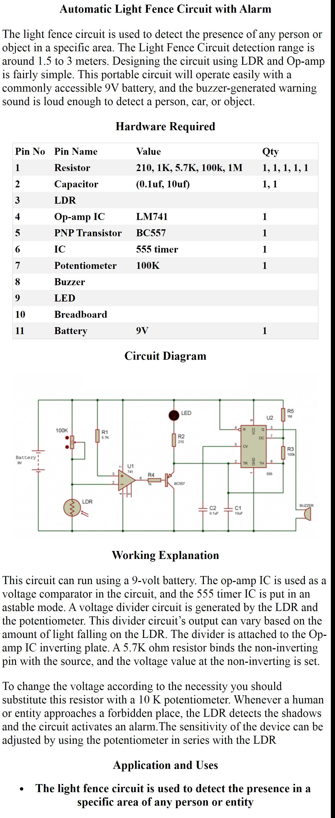 Automatic Light Fence Circuit with Alarm