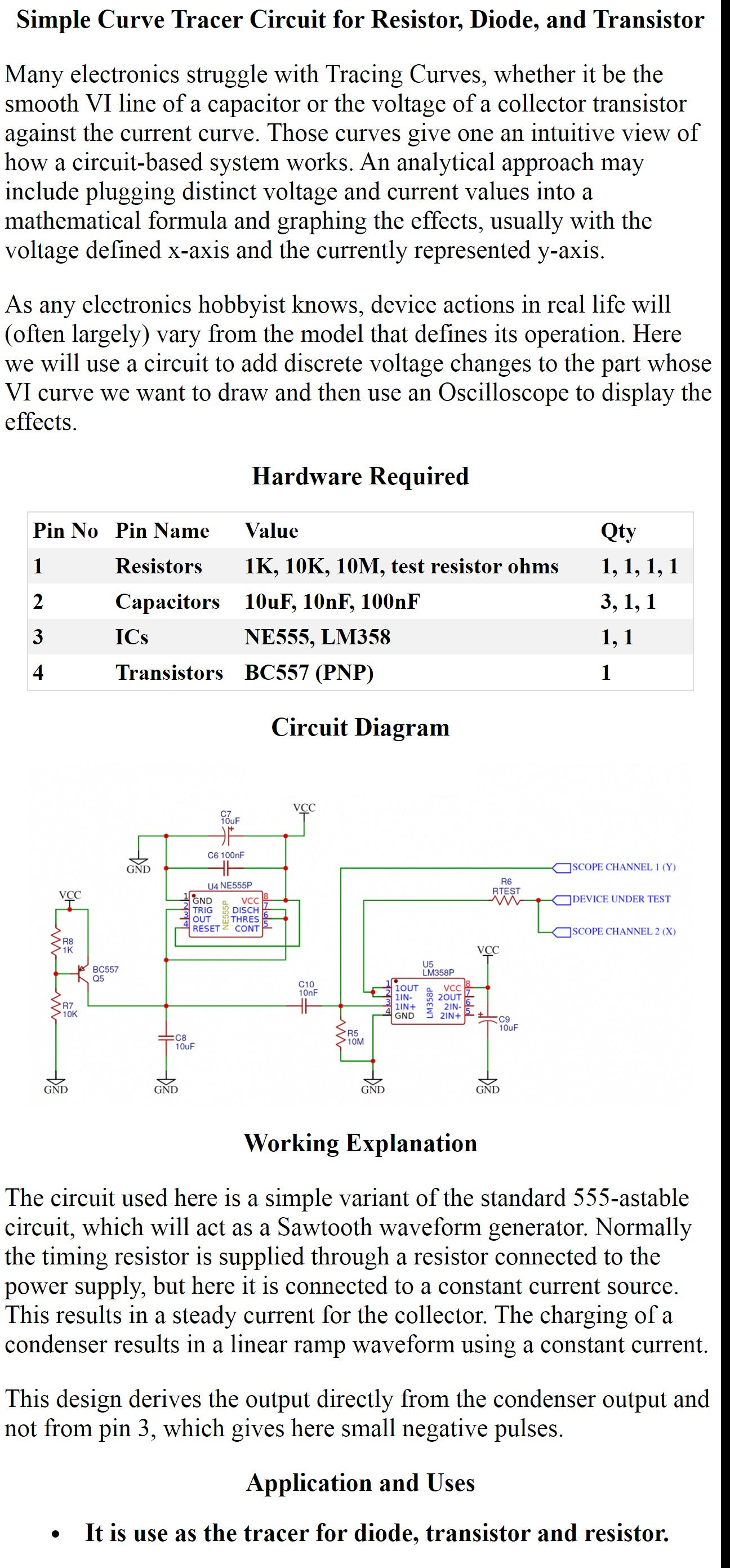 Curve Tracer Circuit for Resistor Diode Transistor