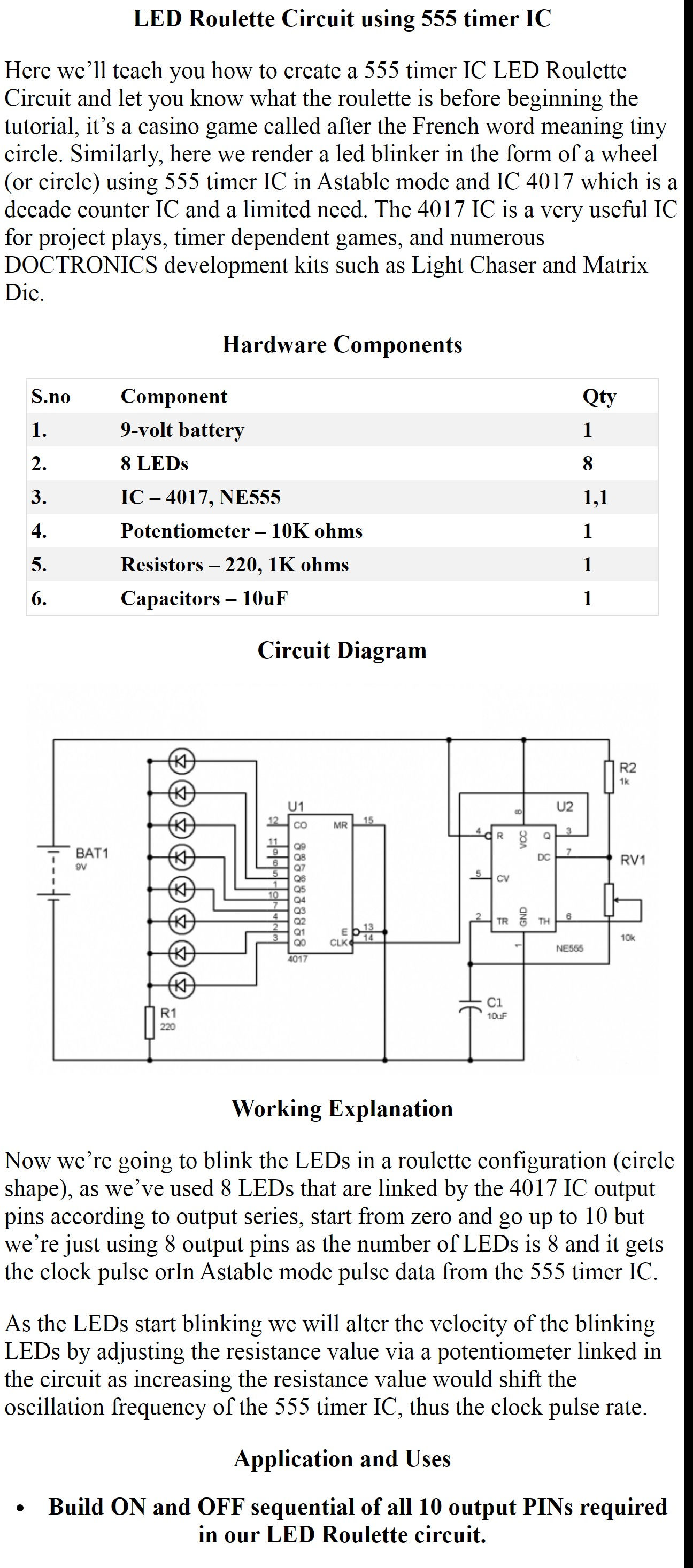 LED Roulette Circuit using 555 Timer IC