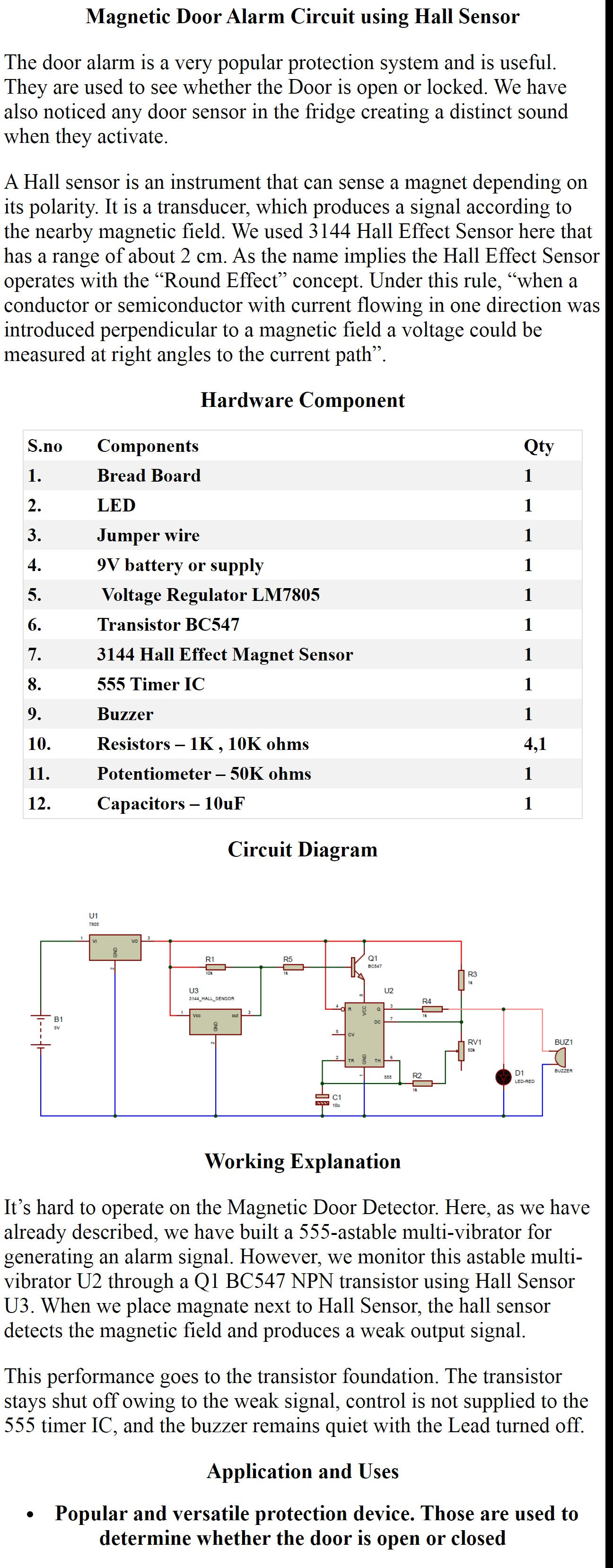 Magnetic Door Alarm Circuit using Hall Sensor