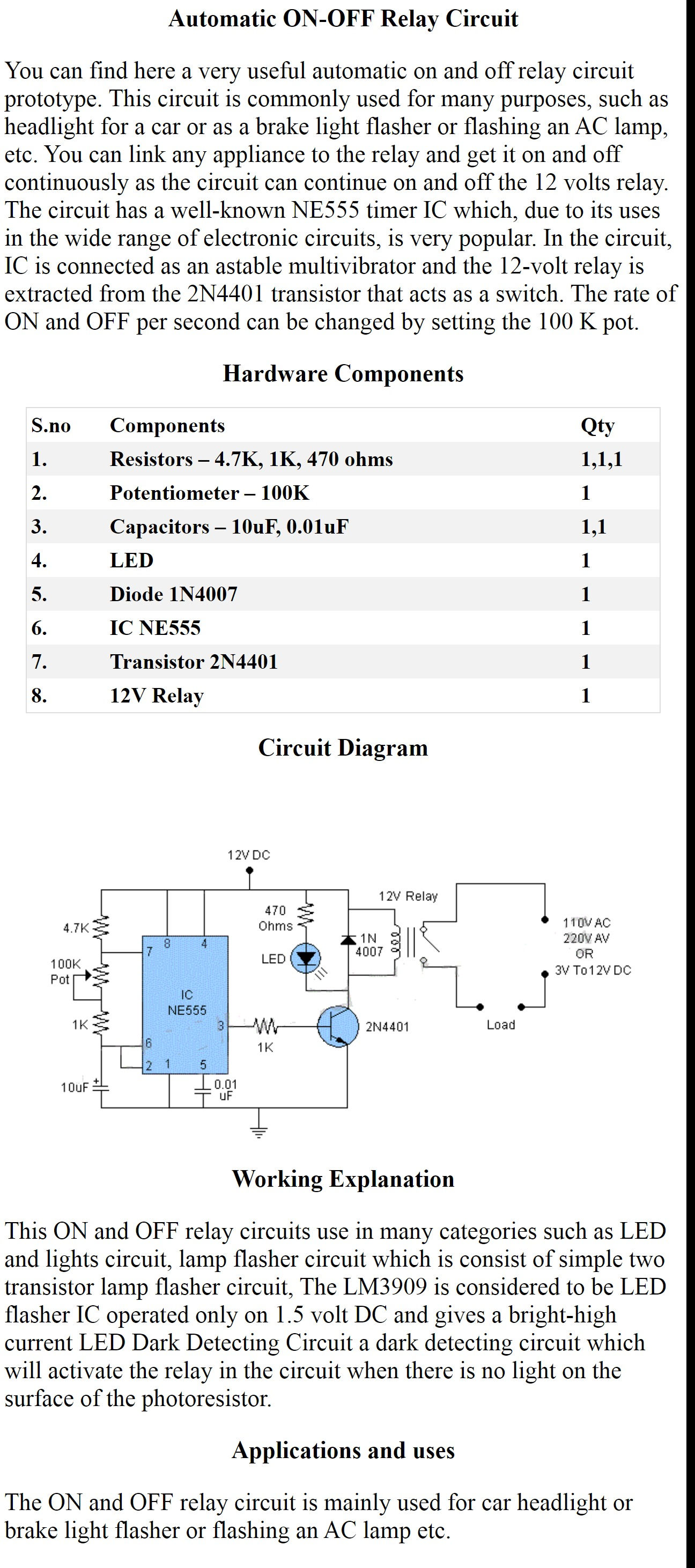 Automatic ON-OFF Relay Circuit